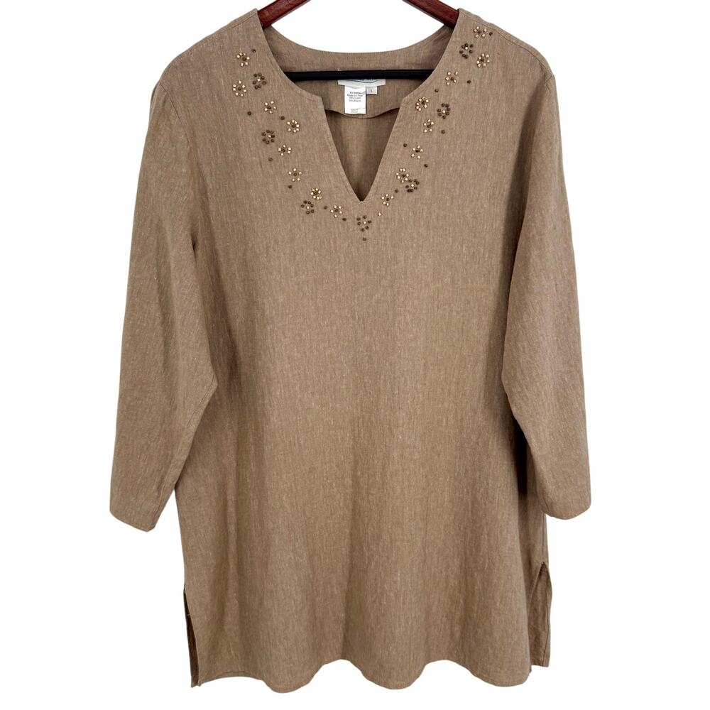 Coldwater Creek Sz Large LINEN BLEND Beaded Tropical Beach Blouse Shirt Top